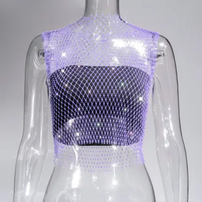 Summer Women Sexy Sleeveless Hollow Out See-through Rhinestone Crop Top