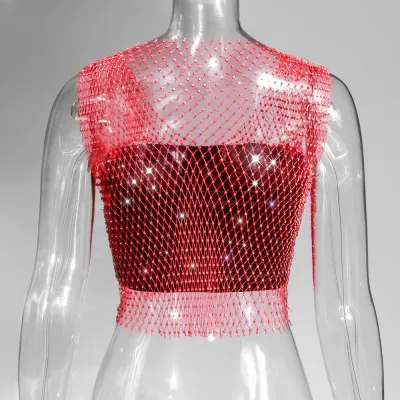 Summer Women Sexy Sleeveless Hollow Out See-through Rhinestone Crop Top