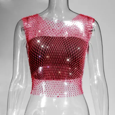Summer Women Sexy Sleeveless Hollow Out See-through Rhinestone Crop Top