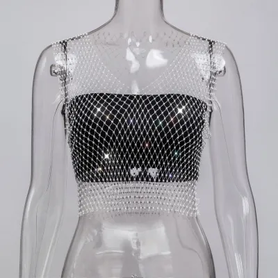 Summer Women Sexy Sleeveless Hollow Out See-through Rhinestone Crop Top