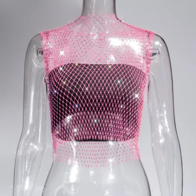Summer Women Sexy Sleeveless Hollow Out See-through Rhinestone Crop Top