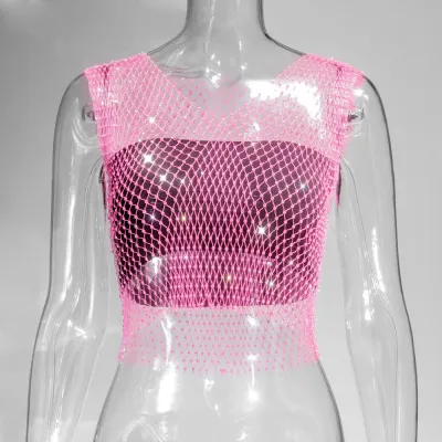 Summer Women Sexy Sleeveless Hollow Out See-through Rhinestone Crop Top