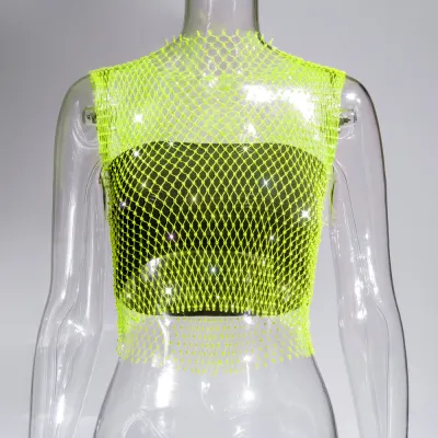 Summer Women Sexy Sleeveless Hollow Out See-through Rhinestone Crop Top
