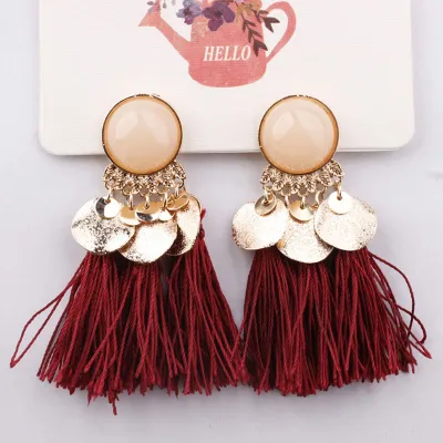 Women Bohemian Solid Color Sequin Tassel Drop Earrings Trendy Acrylic