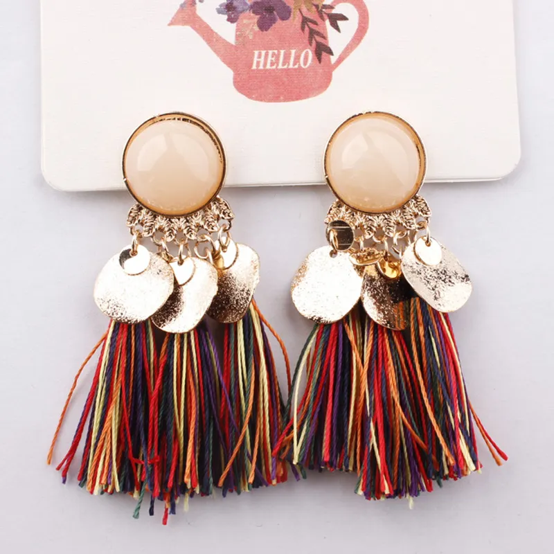 Women Bohemian Solid Color Sequin Tassel Drop Earrings Trendy Acrylic