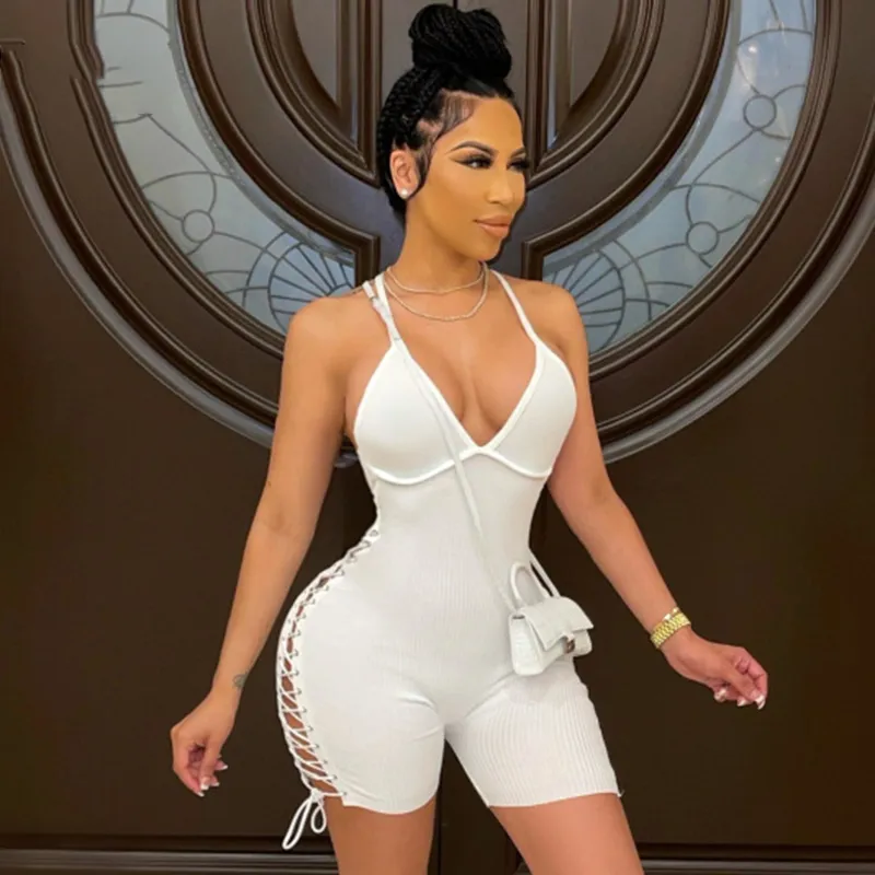 Women Edgy Basic Lace Up Hollow Out Sleeveless Rib Knit Bodycon Fashion Rompers