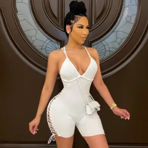 Women Edgy Basic Lace Up Hollow Out Sleeveless Rib Knit Bodycon Fashion Rompers