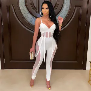 Women Sexy Solid Color Mesh See-through Patchwork Sleeveless Skinny Fit Jumpsuits