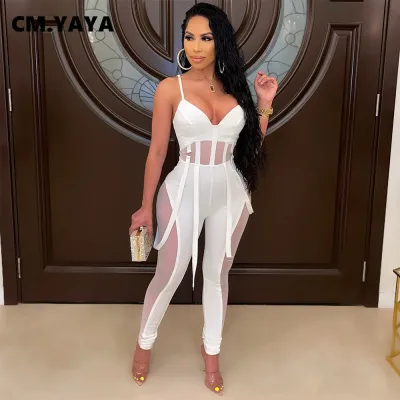 Women Sexy Solid Color Mesh See-through Patchwork Sleeveless Skinny Fit Jumpsuits