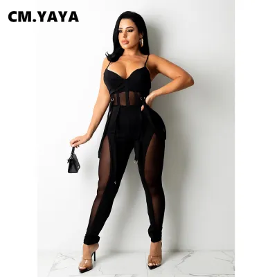 Women Sexy Solid Color Mesh See-through Patchwork Sleeveless Skinny Fit Jumpsuits