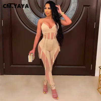 Women Sexy Solid Color Mesh See-through Patchwork Sleeveless Skinny Fit Jumpsuits