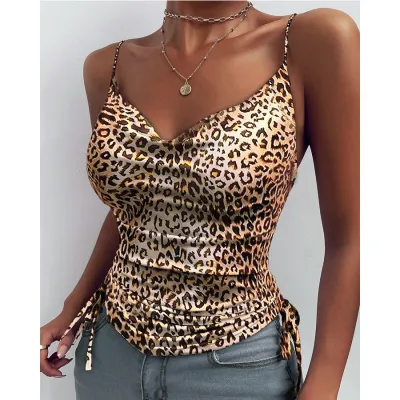 Women V Neck Drawstring Sleeveless Solid Color Summer Crop Camisole