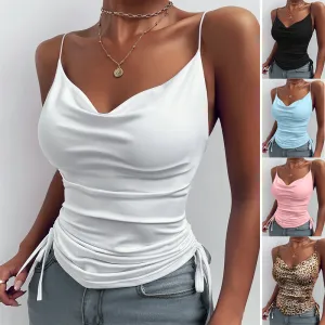 Women V Neck Drawstring Sleeveless Solid Color Summer Crop Camisole