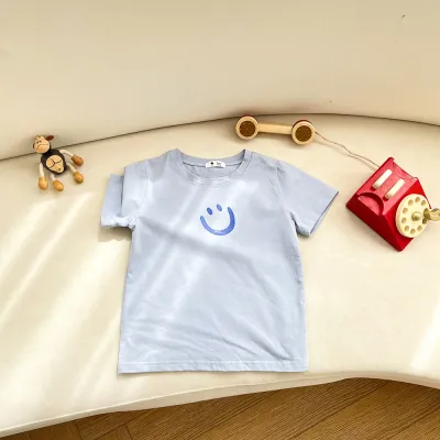 Kids Simple Smile Pattern Cotton Round Neck Short Sleeve Loose Casual T-shirt for Baby Boys(0-3T)