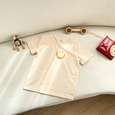 Kids Simple Smile Pattern Cotton Round Neck Short Sleeve Loose Casual T-shirt for Baby Boys(0-3T)