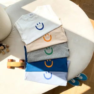 Kids Simple Smile Pattern Cotton Round Neck Short Sleeve Loose Casual T-shirt for Baby Boys(0-3T)