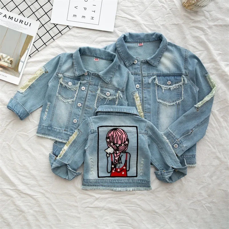 Kids Girls Casual Sequin Hole Denim Jacket Loose Single-breasted Denim Coat for Baby