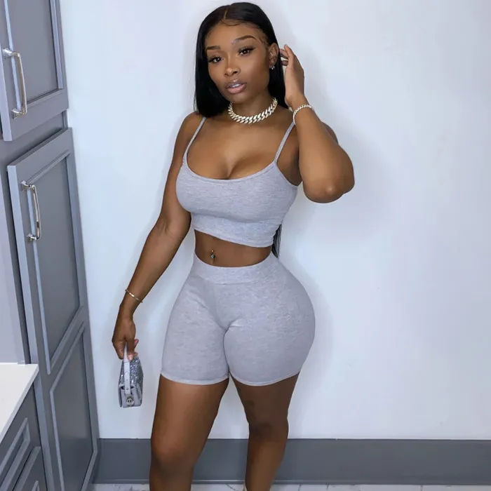 Women Summer Sleeveless Solid Color Crop Camisole And Shorts Two Piece Set