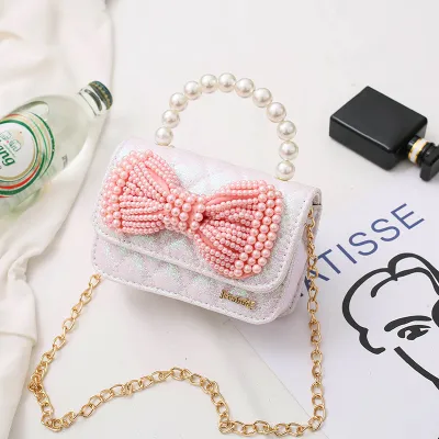 Kids Girls Cute Pearl Bowknot Metal Chain Crossbody Bag