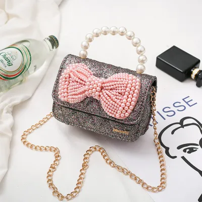Kids Girls Cute Pearl Bowknot Metal Chain Crossbody Bag