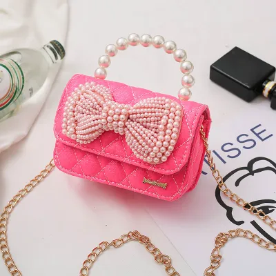 Kids Girls Cute Pearl Bowknot Metal Chain Crossbody Bag