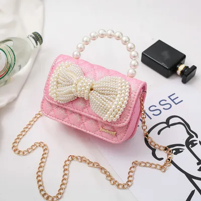 Kids Girls Cute Pearl Bowknot Metal Chain Crossbody Bag