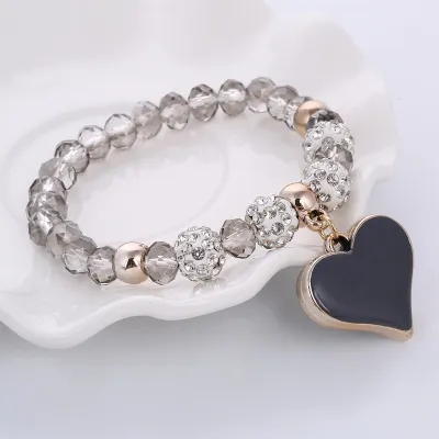 Women Chic Heart Shaped Pendant Crystal Charm Strand Bracelet Trendy