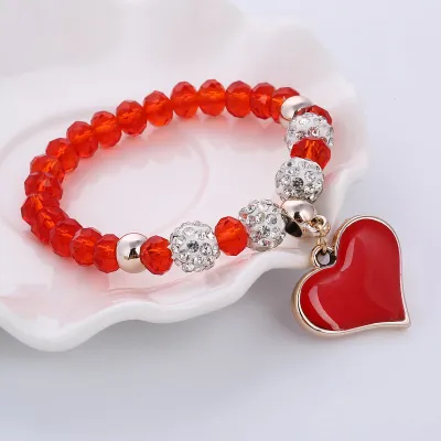 Women Chic Heart Shaped Pendant Crystal Charm Strand Bracelet Trendy