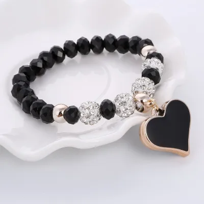 Women Chic Heart Shaped Pendant Crystal Charm Strand Bracelet Trendy
