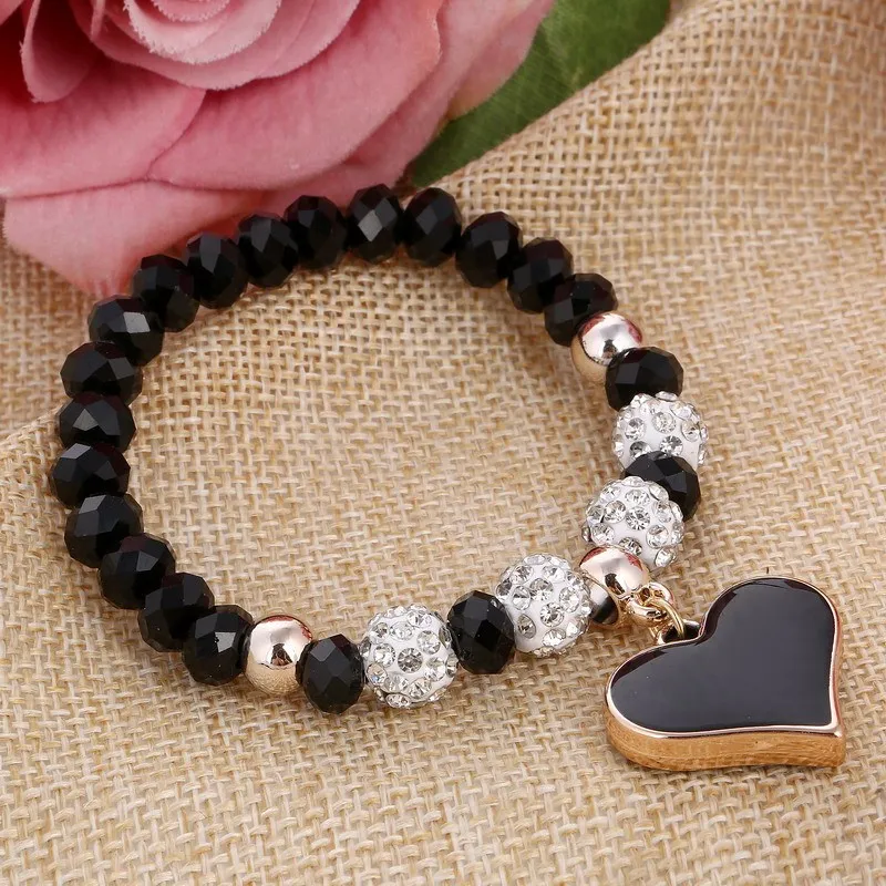 Women Chic Heart Shaped Pendant Crystal Charm Strand Bracelet Trendy