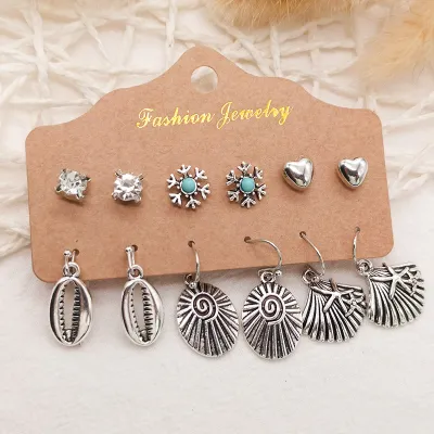 Women Vintage Bohemia Hollow Out Tassel Stud And Hoop Earrings Set
