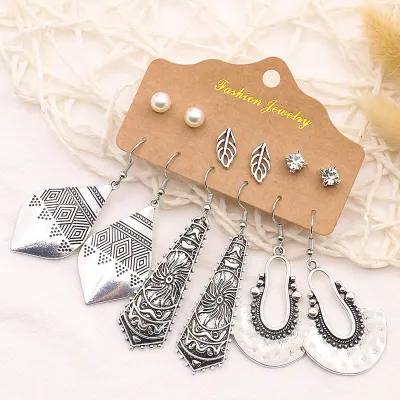 Women Vintage Bohemia Hollow Out Tassel Stud And Hoop Earrings Set