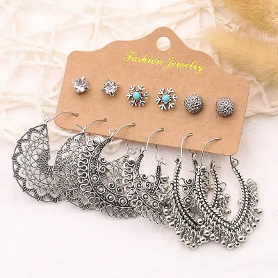 Women Vintage Bohemia Hollow Out Tassel Stud And Hoop Earrings Set