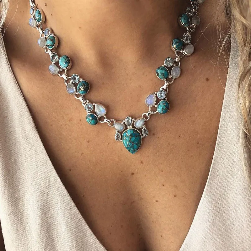 Women Vintage Bohemia Water Drop Shaped Natural Stone Pendant Necklace