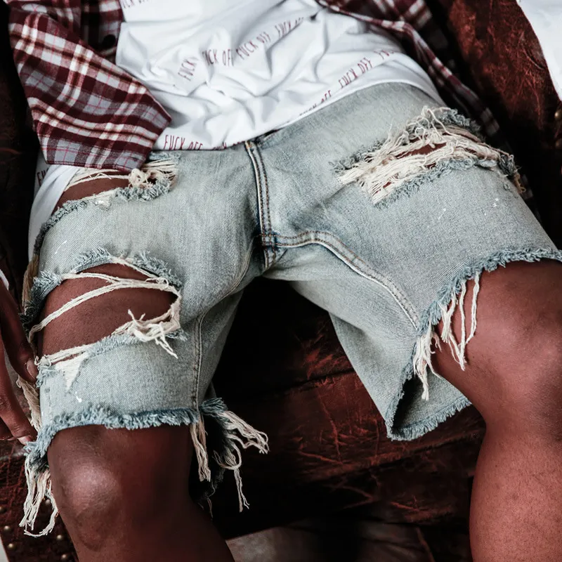 Summer Ripped Men Denim Shorts Straight Loose Beggar Hole High Street Hip Hop