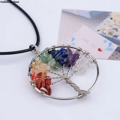 Unisex Classic Multicolor Natural Stone Tree Design Pendant Necklace