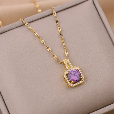 Women Exquisite Square Rhinestone Design Stainless Steel Pendant Necklace