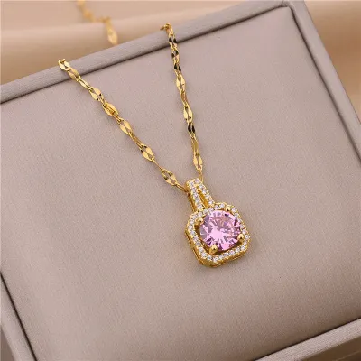 Women Exquisite Square Rhinestone Design Stainless Steel Pendant Necklace