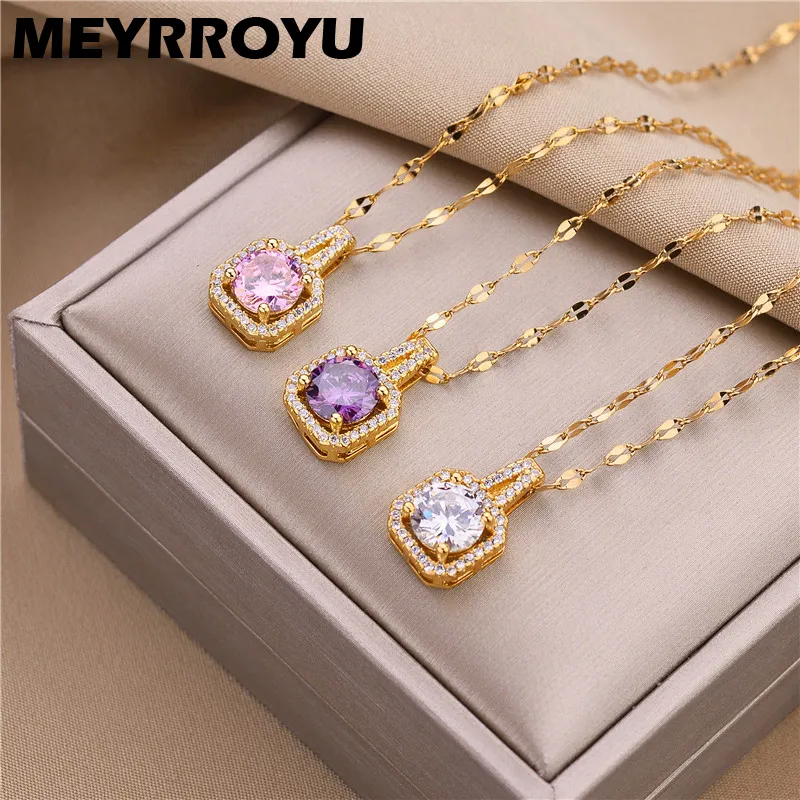 Women Exquisite Square Rhinestone Design Stainless Steel Pendant Necklace