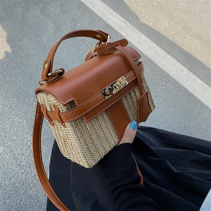 Women Trendy Woven Flap Buckle Design Color Blocking Straw Crossbody Bag