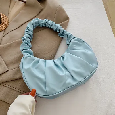 Women Fashion Crease Design Solid Color PU Underarm Shoulder Bag
