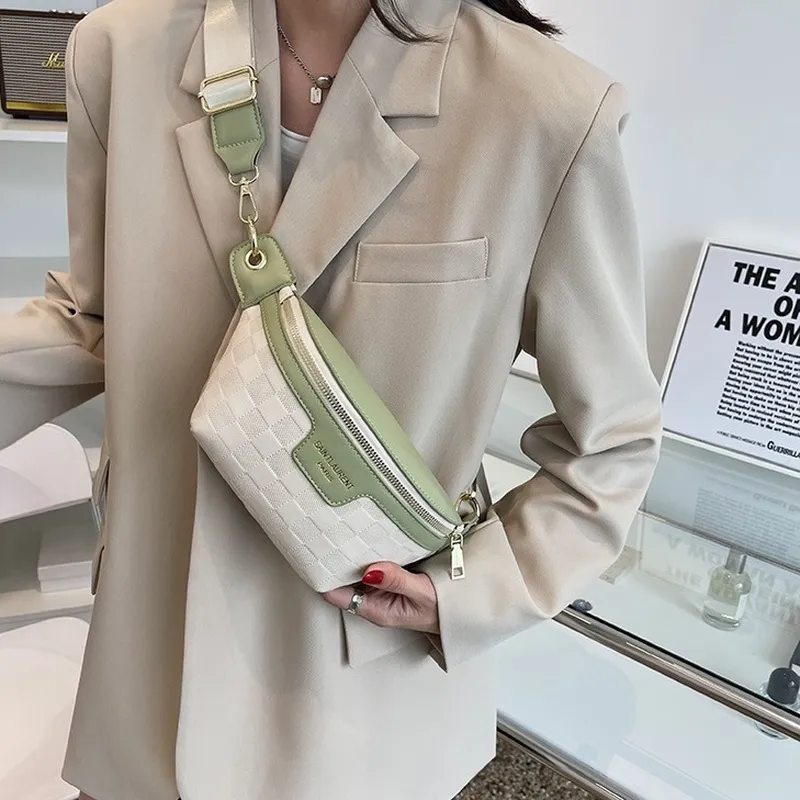 Women Fashion Casual Zipper Plaid PU Crossbody Chest Bag