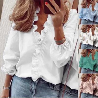 Women Elegant Long Sleeves Ruffled V Neck Casual Loose Solid Color Blouse