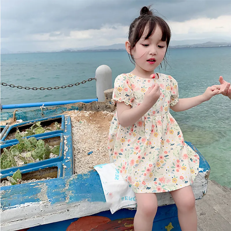 Kids Girls Pastoral Floral All Over Print Round Neck Puff Sleeve Loose Dress