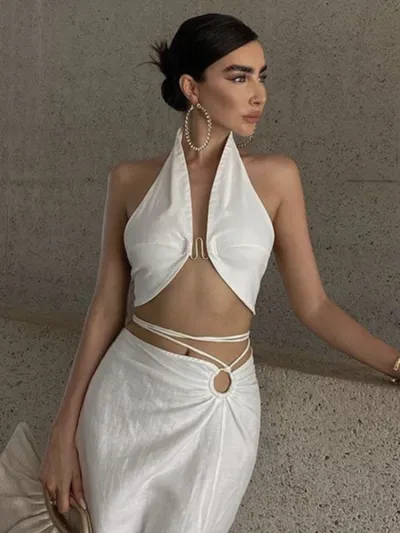 Women Edgy Sexy Backless Halter Neck Summer Solid Color Irregular Sleeveless Crop Tank Top