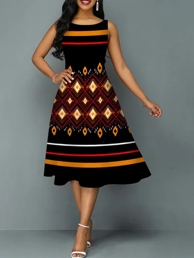 Women Elegant Round Neck Short Sleeves Stripe Color Blocking Summer Swing Dress