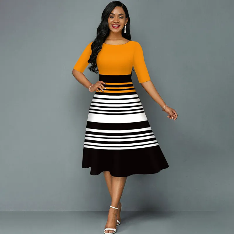 Women Elegant Round Neck Short Sleeves Stripe Color Blocking Summer Swing Dress