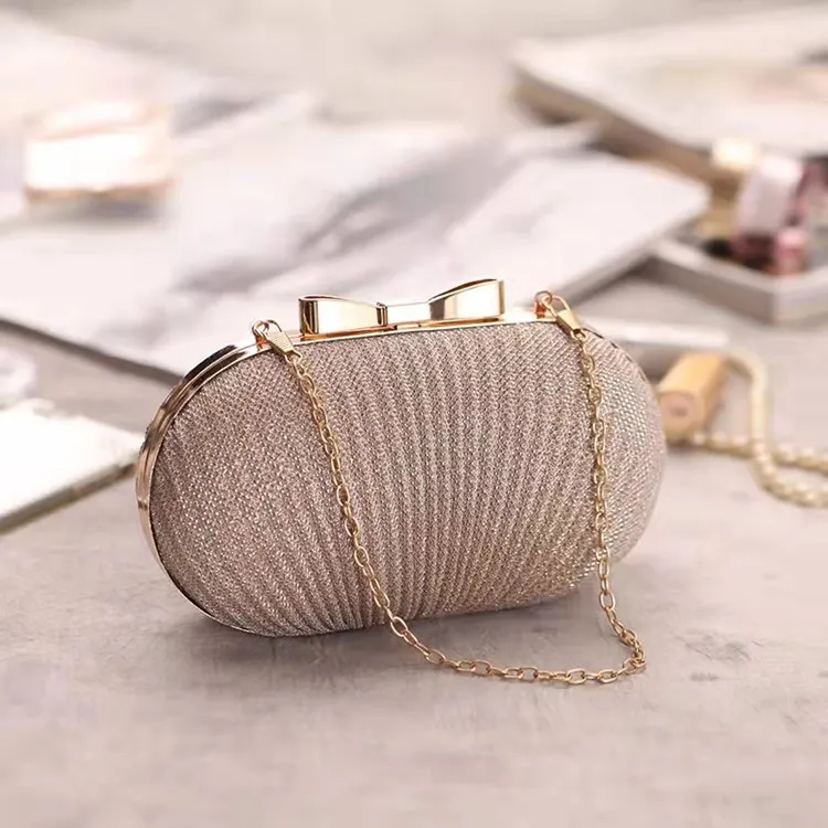 Women Fashion Chic Crease Design Bow Decorative Oval Clutch Evening Bag