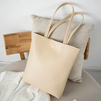 Women Fashion Magnetic Buckle Design Solid Color Large Capacity PU Shoulder Tote Bag