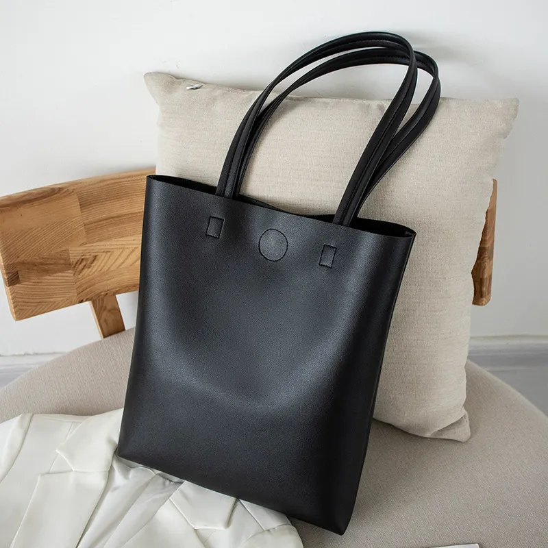 Women Fashion Magnetic Buckle Design Solid Color Large Capacity PU Shoulder Tote Bag